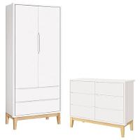 Cômoda 6 Gavetas E Guarda Roupa 2 Portas New Classic Branco Com Pés Madeira Natural- Reller - 1