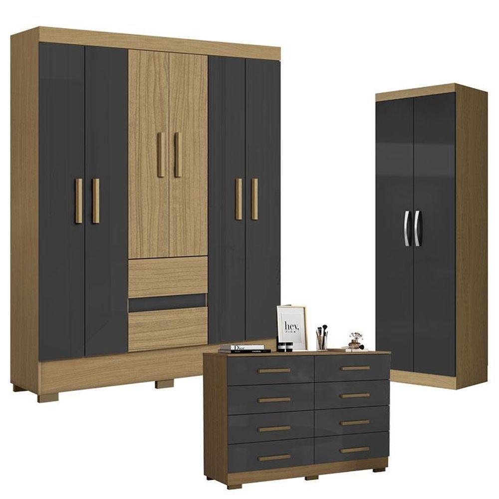 Guarda Roupa Casal Coimbra 2005138 Com Armário Multiuso New 2000192 E Cômoda 2014148 Atacama Grafite - Aramóveis - 1