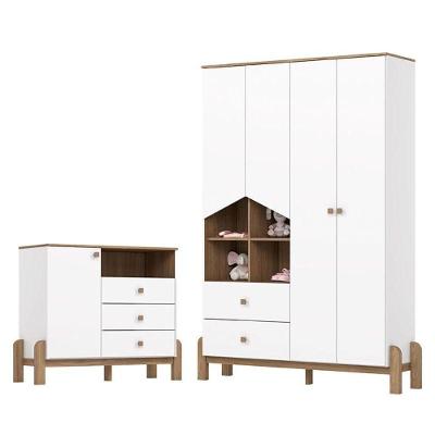 Cômoda com Guarda Roupa Infantil Ternura 4 Portas 5 Gavetas em MDF e MDP Branco Jequitibá HP
