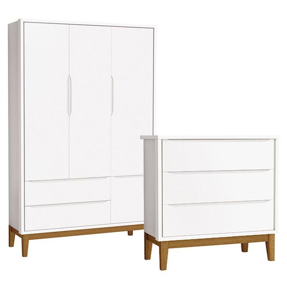 Cômoda Gaveteiro Com Guarda Roupa Infantil 3 Portas New Classic Branco Com Pés Madeira - Reller - 1