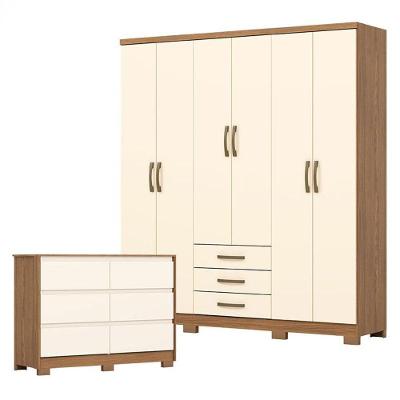 Guarda Roupa Casal Caju 6 Portas E Cômoda Ravenna Nature Off White - Henn