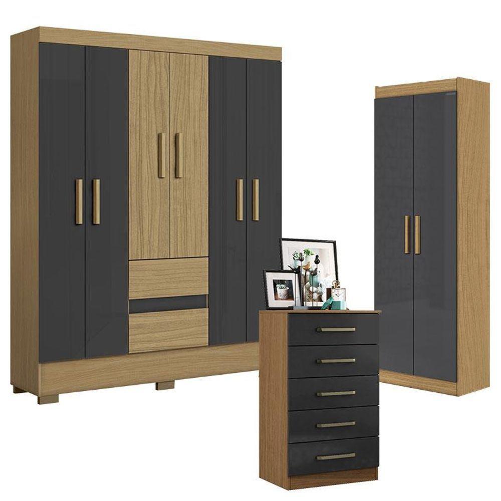 Guarda Roupa Casal Coimbra 2005138 Com Armário Multiuso 2000191 E Cômoda 2014140 Atacama Grafite - Aramóveis - 1