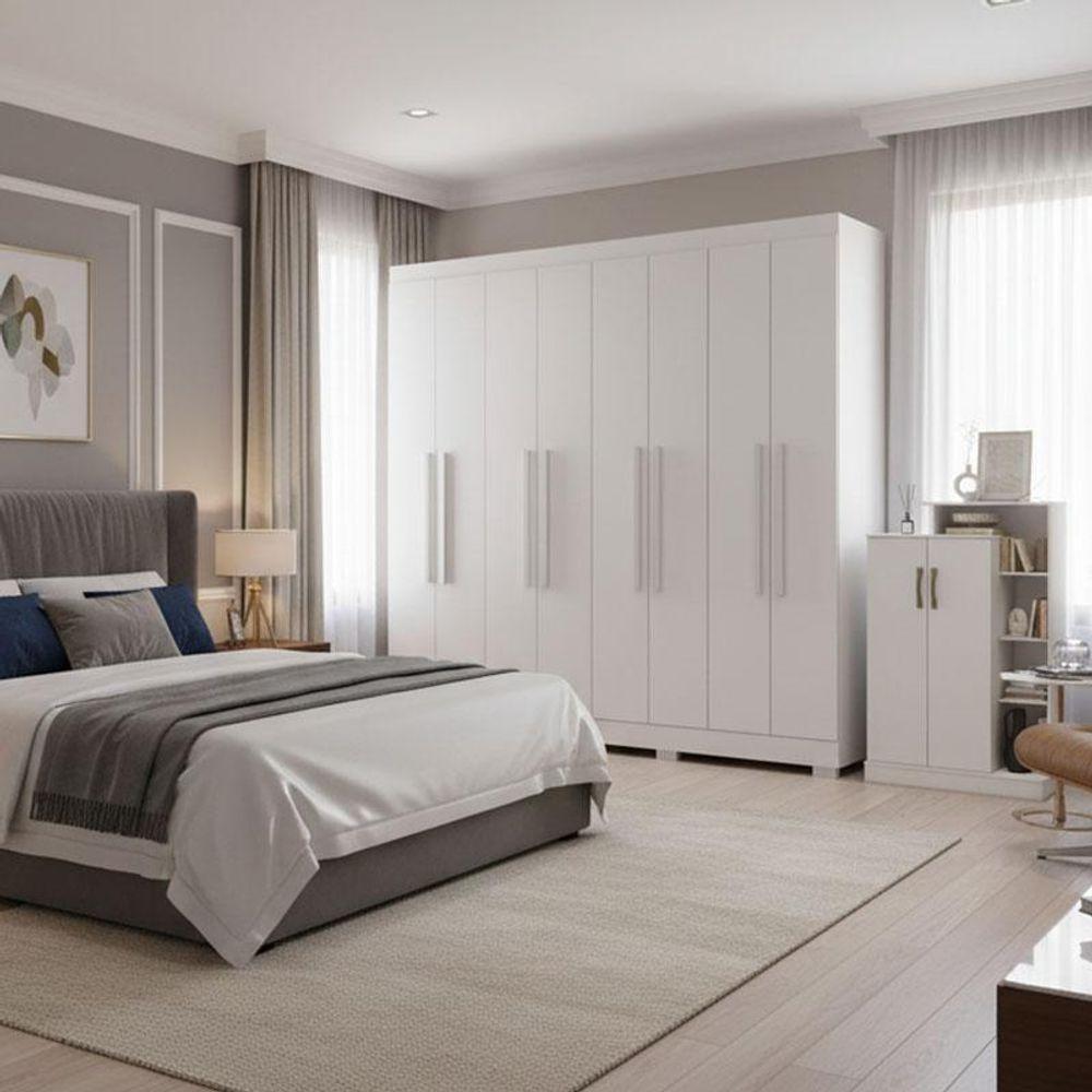 Guarda Roupa Casal Porto 8 Portas 4 Gavetas E Armário Multiuso Florença Branco Brilho - Aramóveis - 8