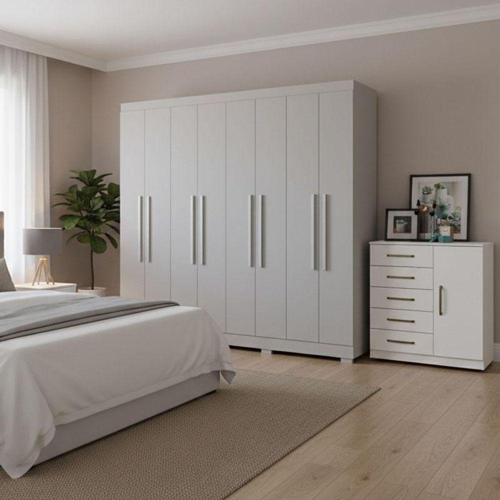 Guarda Roupa Casal Porto 8 Portas 4 Gavetas E Cômoda Sapateira Milão Branco Brilho - Aramóveis - 8