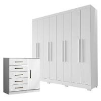Guarda Roupa Casal Porto 8 Portas 4 Gavetas E Cômoda Sapateira Milão Branco Brilho - Aramóveis - 1