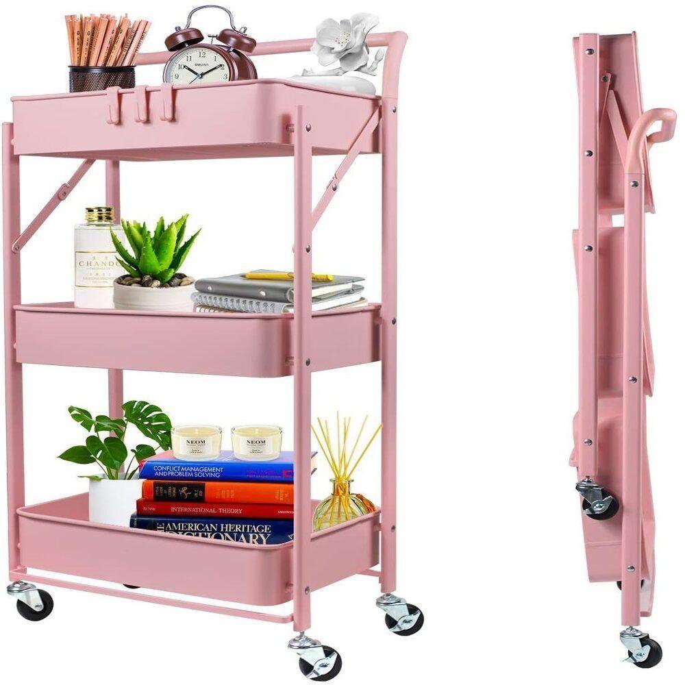 Carrinho Multiuso Organizador 3 Prateleiras Dobravel Em Aço Rosa Quarto Sala Brinquedos Salao Manicure Varanda - 1