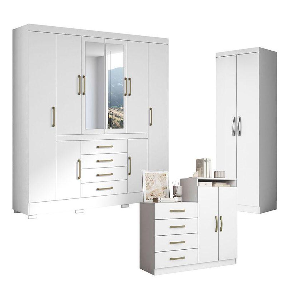 Guarda Roupa Casal Nápole 2045149 E Armário Multiuso New 2000192 E Cômoda Londres Branco - Aramóveis - 1