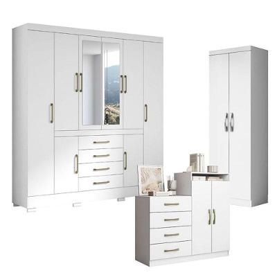 Guarda Roupa Casal Nápole 2045149 E Armário Multiuso New 2000192 E Cômoda Londres Branco - Aramóveis