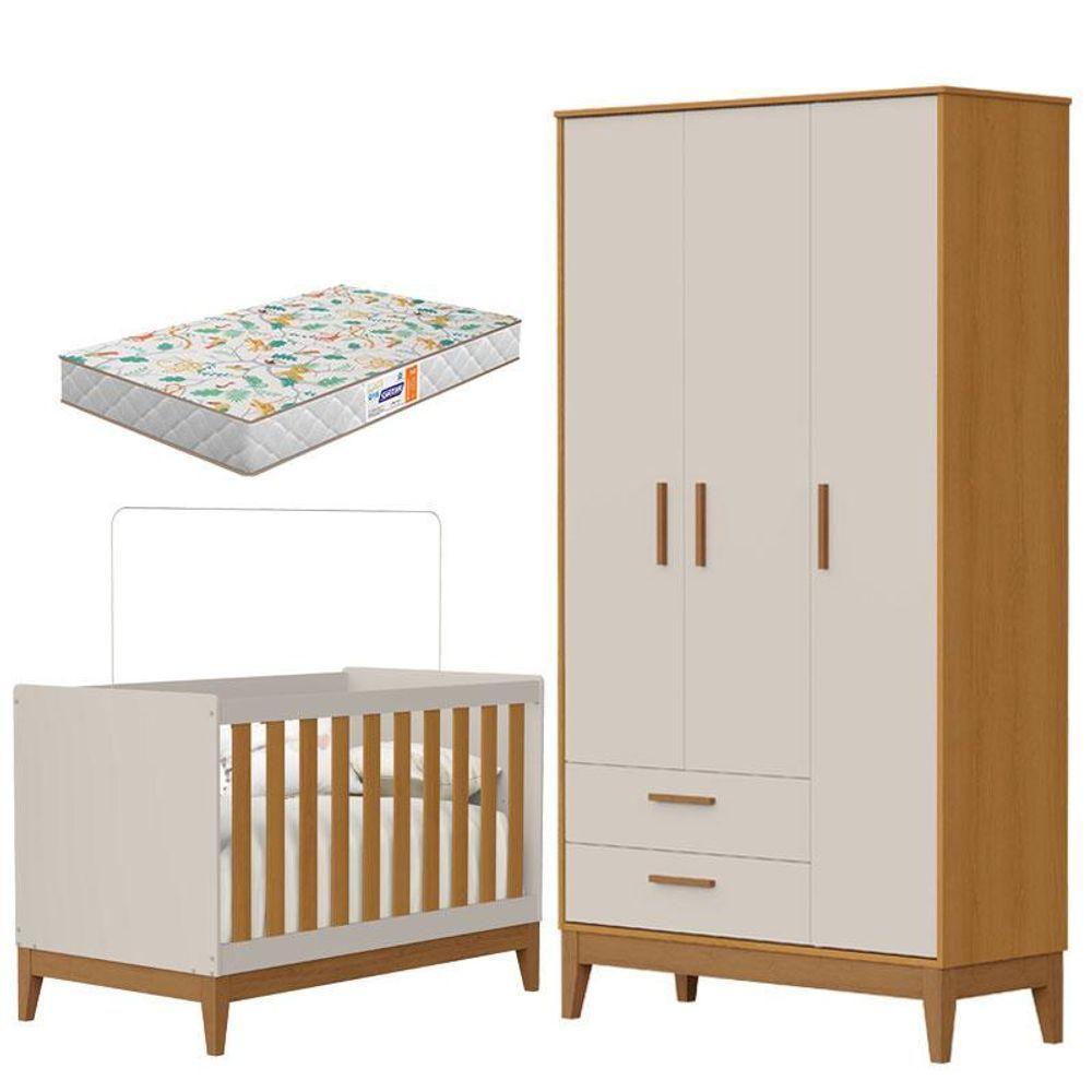 Guarda Roupa Infantil 3 Portas Com Berço Americano Flip Areia Acetinado Savana Com Colchão Gazin - Reller - 1