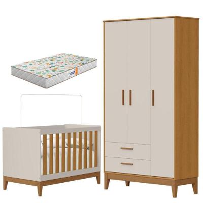 Guarda Roupa Infantil 3 Portas Com Berço Americano Flip Areia Acetinado Savana Com Colchão Gazin - Reller