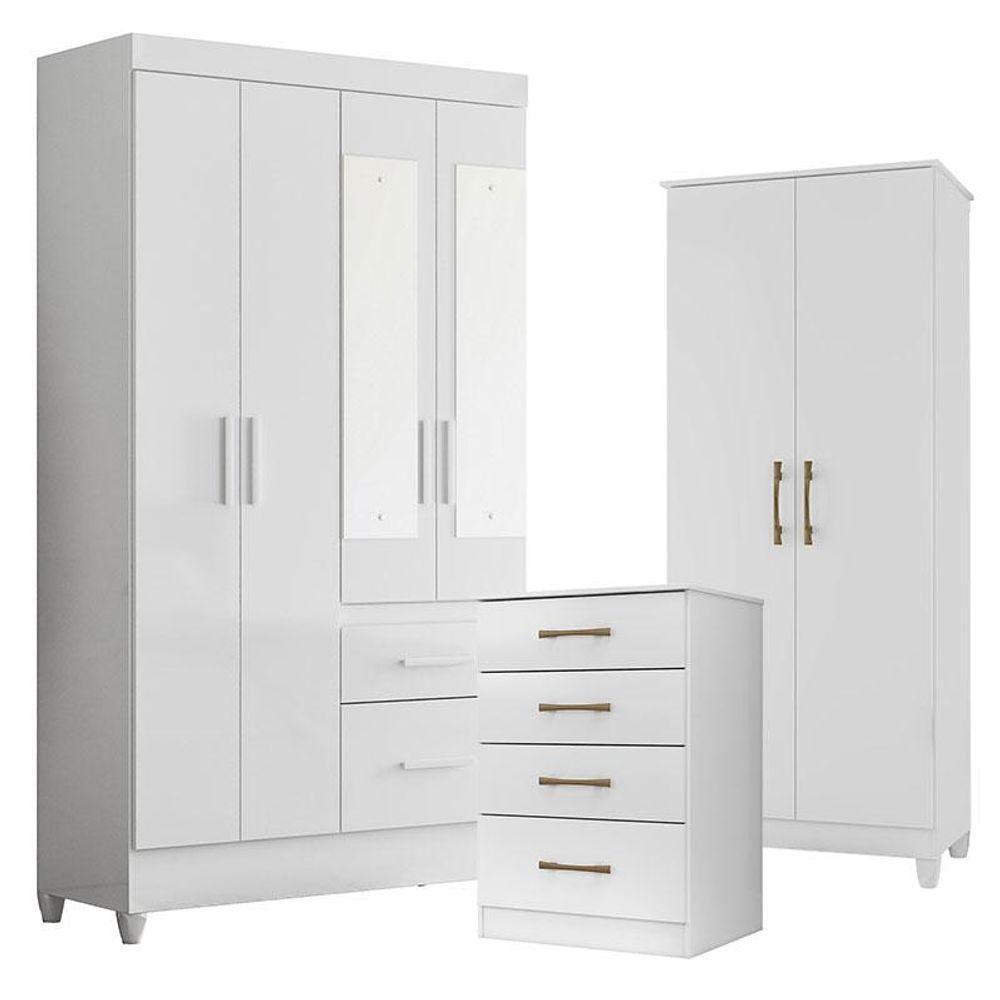 Guarda Roupa Com Espelho Infantil Madri Com Cômoda Ms913 E Armário Multiuso Jade Branco Brilho - Moval - 1