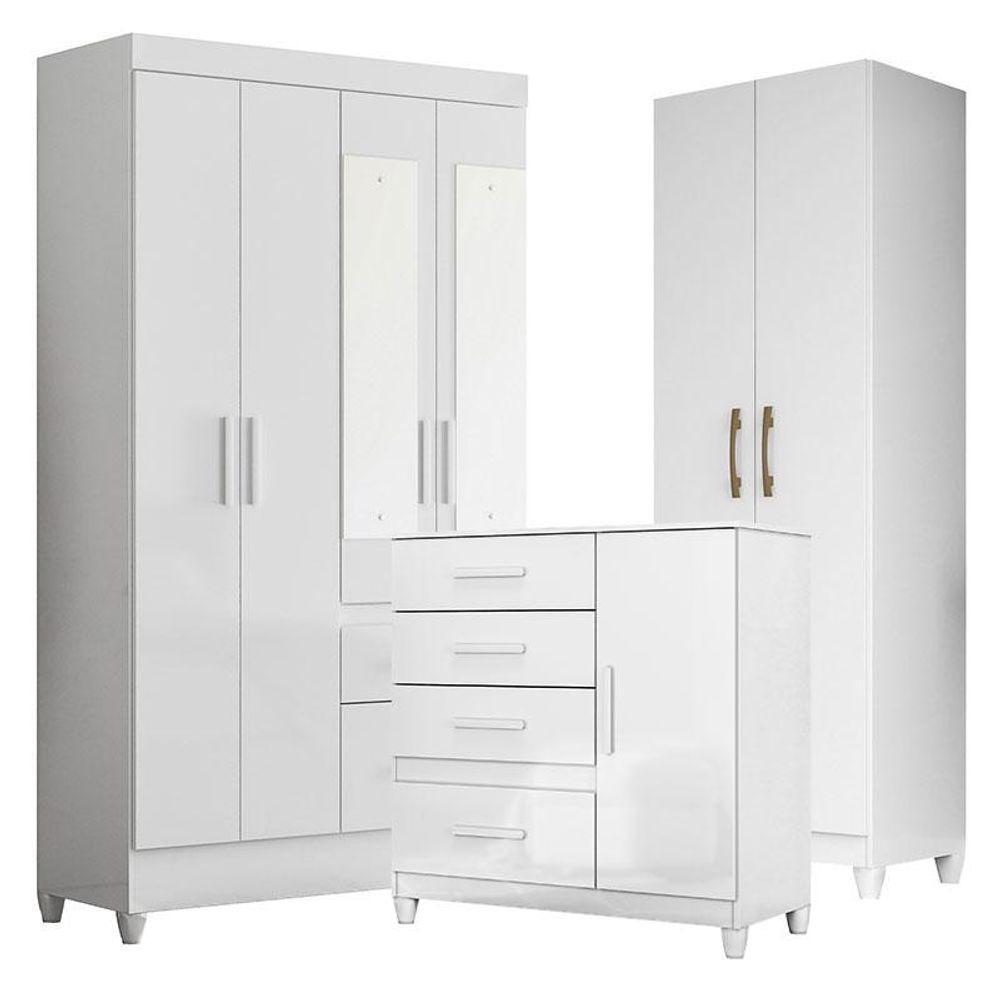 Guarda Roupa Com Espelho Infantil Madri Com Cômoda Vênus Com Pés E Armário Multiuso New íris Branco Brilho - Moval - 1