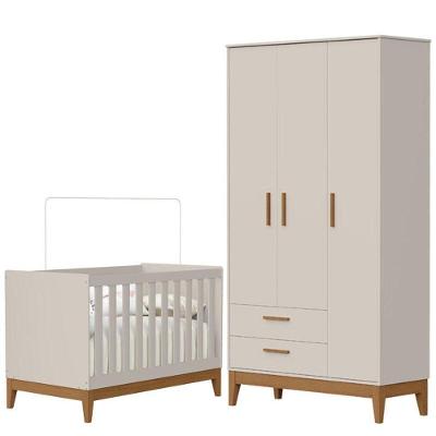 Guarda Roupa Infantil Flip 3 Portas 2 Gavetas MDF 112cm Bege com Berço Americano Reller