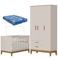 Guarda Roupa Infantil 3 Portas Com Berço Americano Flip Areia Acetinado Com Colchão Ortobom - Reller - 1