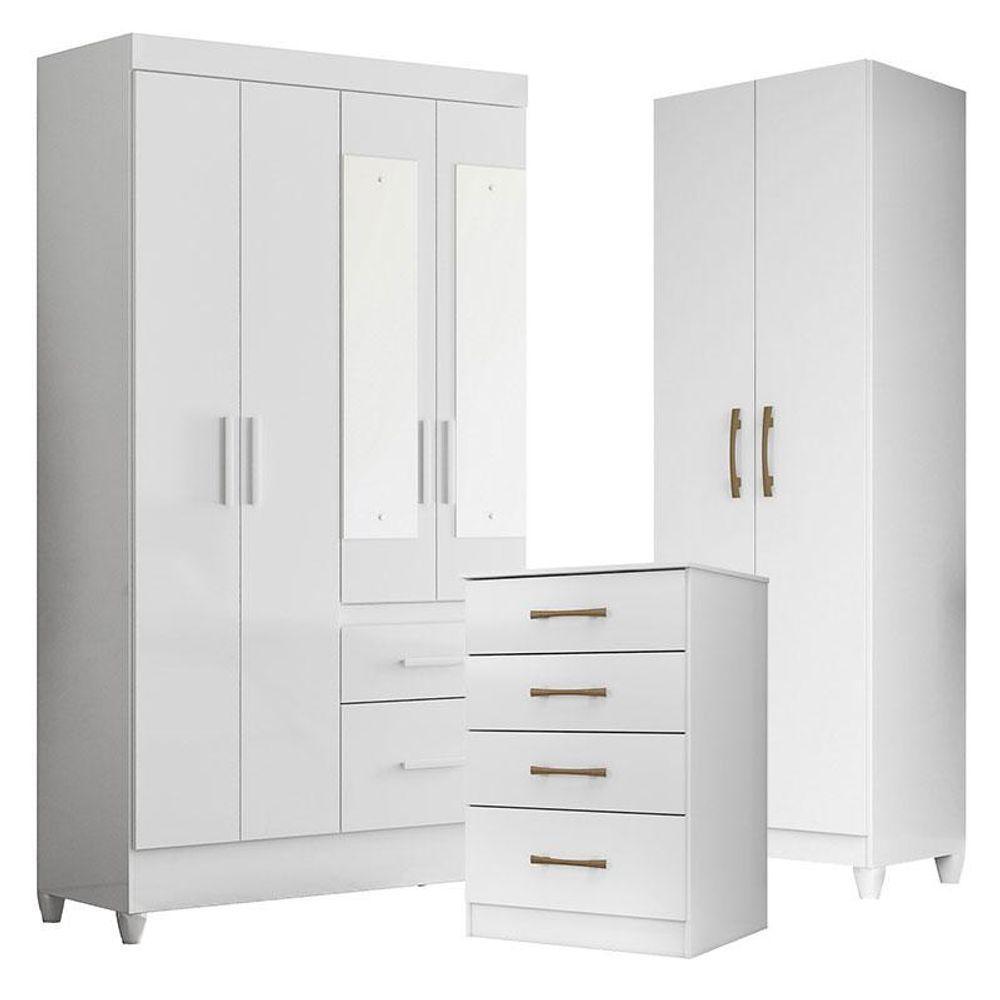 Guarda Roupa Com Espelho Infantil Madri Com Cômoda Ms913 E Armário Multiuso New íris Branco Brilho - Moval - 1