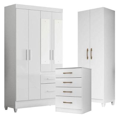 Guarda Roupa Com Espelho Infantil Madri Com Cômoda Ms913 E Armário Multiuso New íris Branco Brilho - Moval