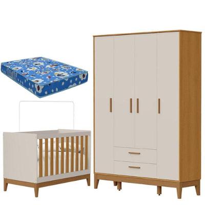 Guarda Roupa Infantil Flip 4 Portas 2 Gavetas em MDF 147cm Bege com Berço Americano Reller
