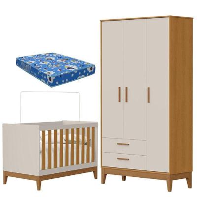 Guarda Roupa Infantil Flip 3 Portas 2 Gavetas MDF com Berço e Colchão Areia Acetinado Savana