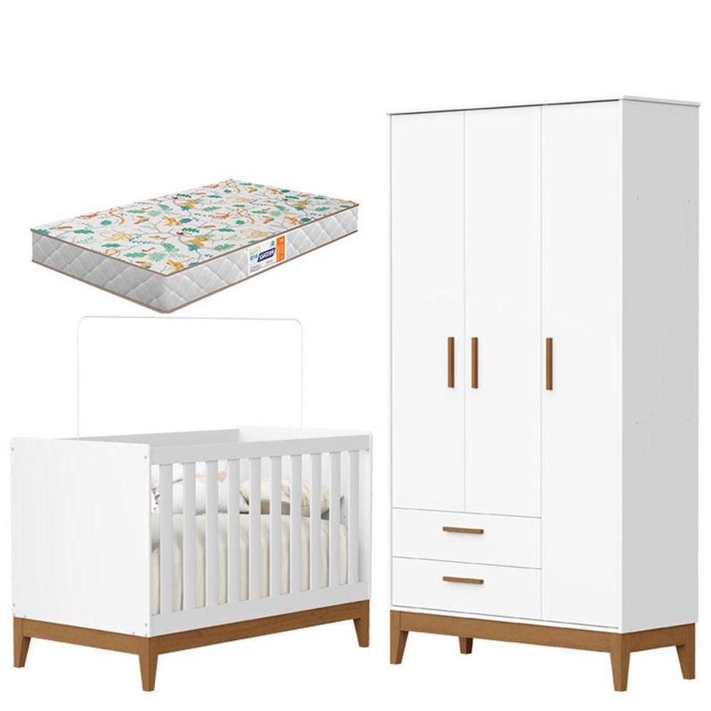 Guarda Roupa Infantil 3 Portas Com Berço Americano Flip Branco Acetinado Com Colchão Gazin - Reller - 1