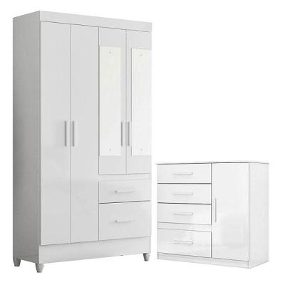 Guarda Roupa Solteiro Madri com Cômoda Vênus 4 Portas de Bater 2 Gavetas em MDP Branco Flex