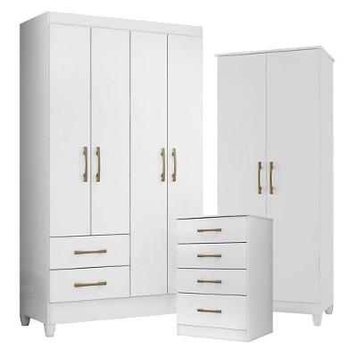 Guarda Roupa Solteiro Chile Com Cômoda Ms913 E Armário Multiuso Jade Branco Brilho- Moval