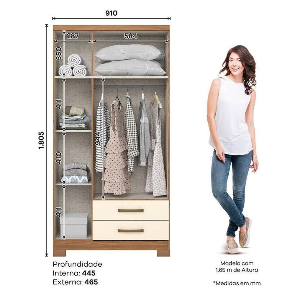 Guarda Roupa Solteiro Açai 3 Portas 2 Gavetas Com Chave Nature Off White - Henn - 3