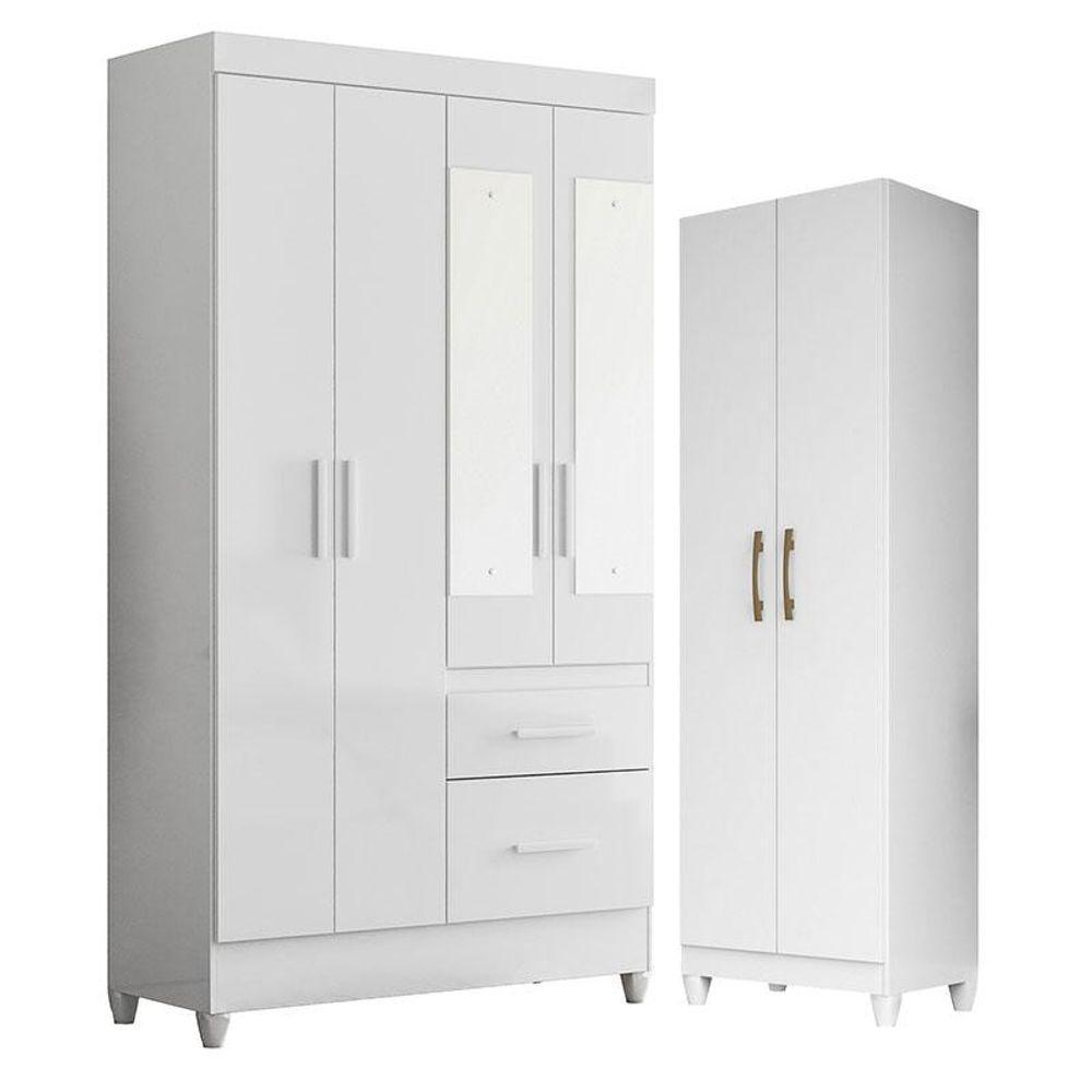 Guarda Roupa Solteiro Madri Com Espelho E Armário Multiuso New íris Branco Brilho - Moval - 1