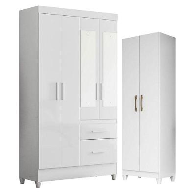 Guarda Roupa Solteiro Madri Com Espelho E Armário Multiuso New íris Branco Brilho - Moval