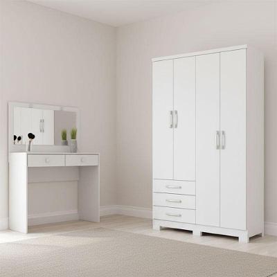 Guarda Roupa Solteiro Caju 4 Portas E Penteadeira Daila Ambiente Com Led Branco - Henn