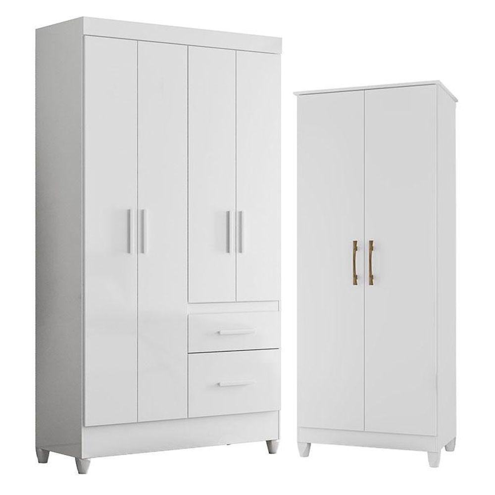 Guarda Roupa Solteiro Madri E Armário Multiuso Jade Branco Brilho - Moval - 1