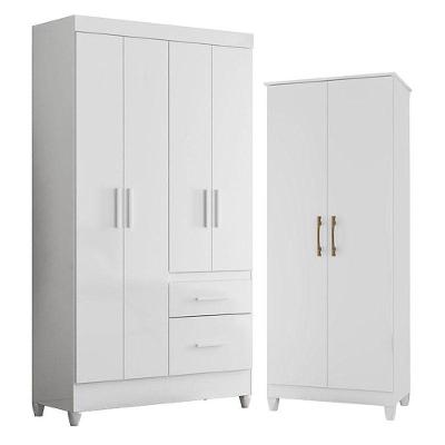 Guarda Roupa Solteiro Madri E Armário Multiuso Jade Branco Brilho - Moval