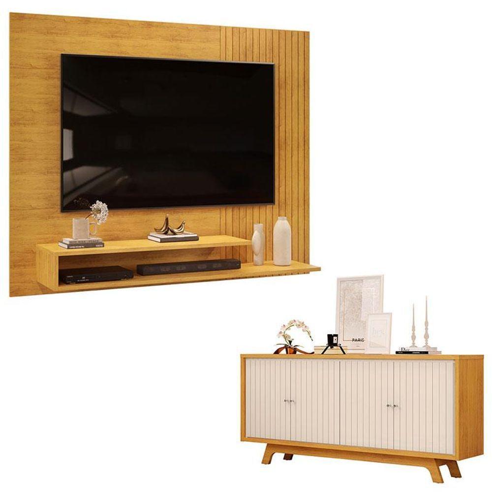 Painel Para Tv Suspenso Nando Cedro E Aparador Buffet Brise Cedro Off White - Dj Móveis - 1