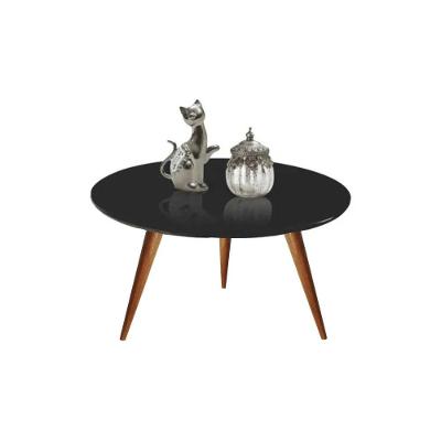 Mesa De Centro Redonda Laqueada Com Vidro Colado Pé Palito 60cm Preto