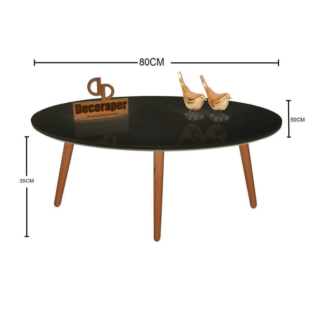 Mesa De Centro Oval Laqueada Com Vidro Pé Palito 80x50 Preto - 2