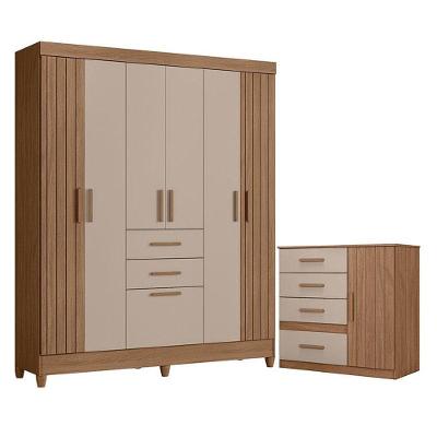 Guarda Roupa Solteiro e Cômoda Malta Vênus 7 Portas 2 Gavetas MDP Carvalho Fendi Fosco