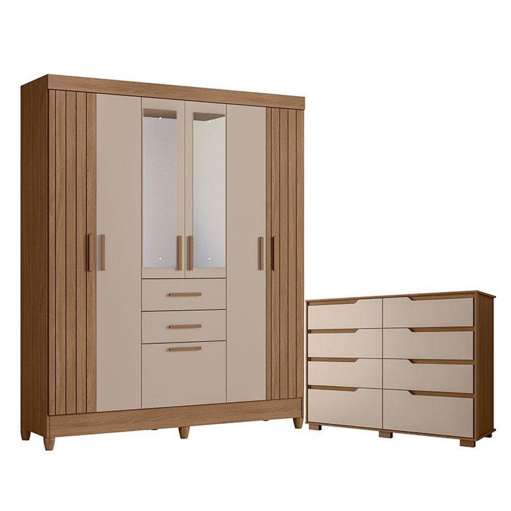 Guarda Roupa Solteiro Malta Com Espelho E Cômoda Georgia Carvalho Fendi - Moval - 1