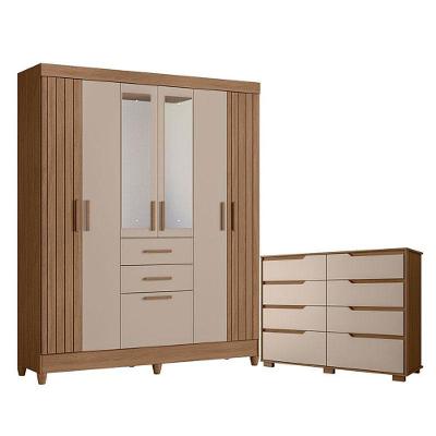 Guarda Roupa Solteiro Malta Com Espelho E Cômoda Georgia Carvalho Fendi - Moval