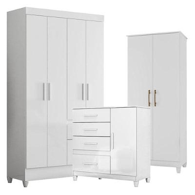 Guarda Roupa Solteiro Chile Com Cômoda Vênus Com Pés E Armário Multiuso Jade Branco Brilho- Moval