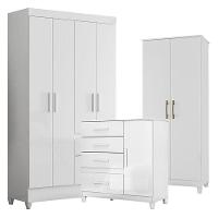 Guarda Roupa Solteiro Chile Com Cômoda Vênus Com Pés E Armário Multiuso Jade Branco Brilho- Moval - 1