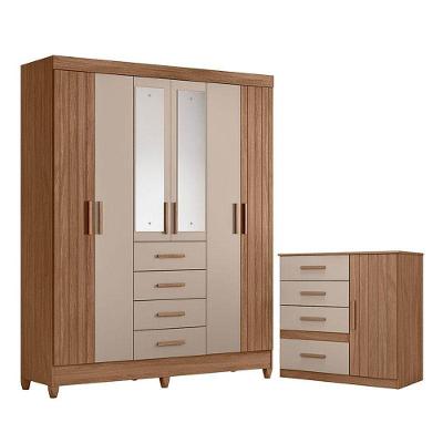 Guarda Roupa Solteiro com Cômoda Malta Vênus 8 Portas 6 Gavetas MDP Carvalho Fendi Fosco