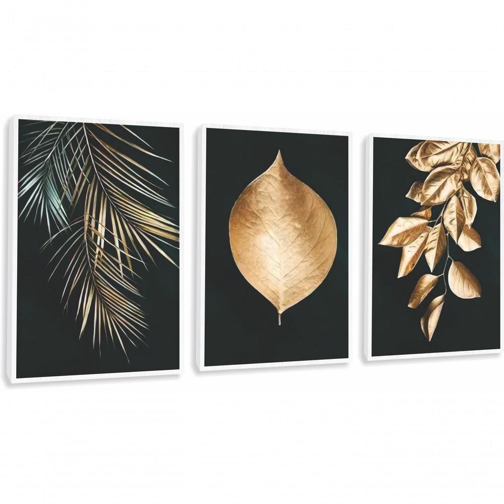 Quadro Decorativo Folhagem Dourada Gold Luxo Com Moldura Branco - 1