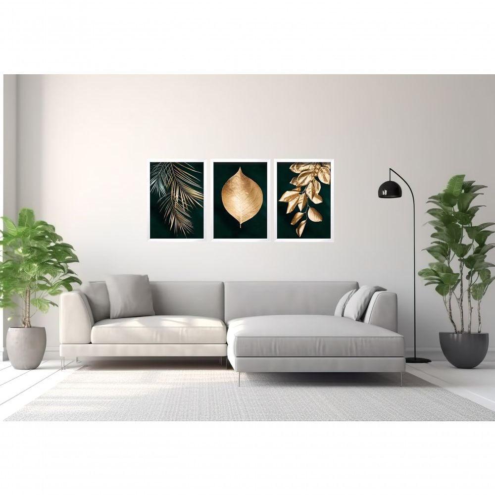 Quadro Decorativo Folhagem Dourada Gold Luxo Com Moldura Branco - 4