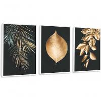 Quadro Decorativo Folhagem Dourada Gold Luxo Com Moldura Branco - 1