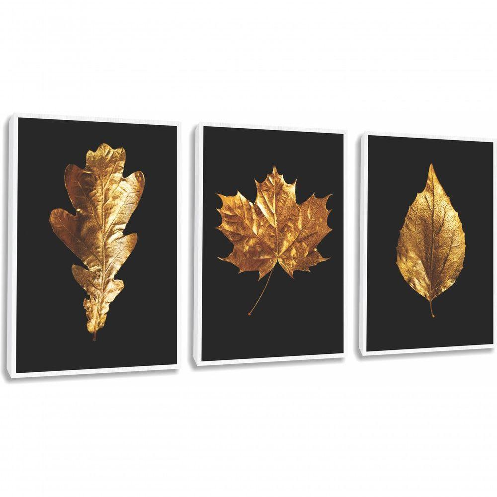 Quadro Decorativo Folhas Douradas Com Moldura Branco - 1