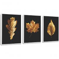Quadro Decorativo Folhas Douradas Com Moldura Branco - 1