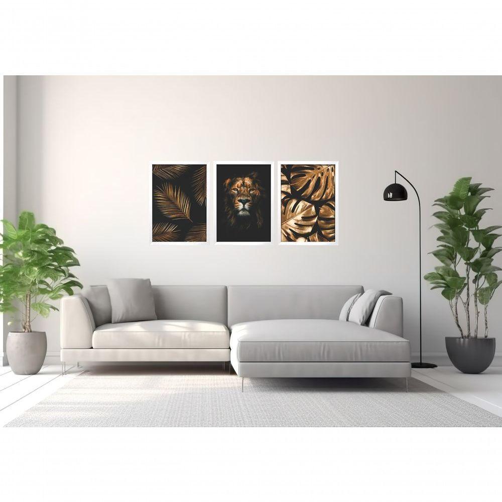 Quadro Decorativo Folhagem Leão Dourada Com Moldura Branco - 2