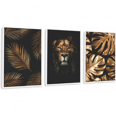 Quadro Decorativo Folhagem Leão Dourada Com Moldura Branco