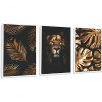 Quadro Decorativo Folhagem Leão Dourada Com Moldura Branco - 1