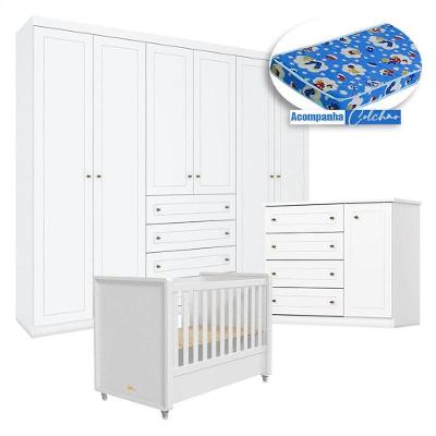 Quarto Infantil Americano 6 Portas Com Berço Tutto New Branco Fosco E Colchão Ortobom - Henn