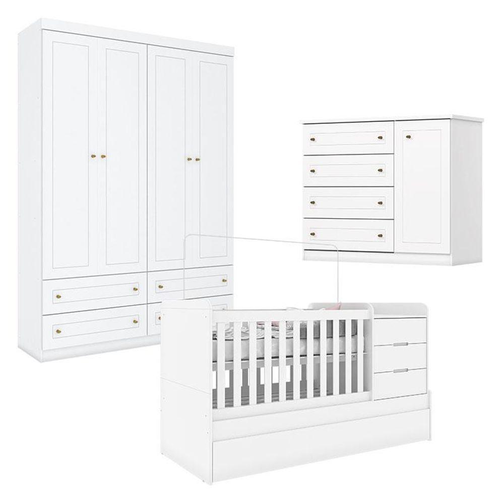 Quarto Infantil 4 Portas Mississipi Com Berço Multifuncional Cleo Branco Fosco - Henn - 1